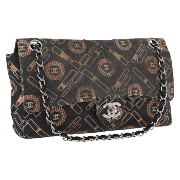 CHANEL Chain Shoulder Bag Satin Black Silver CC Auth ARZ448A