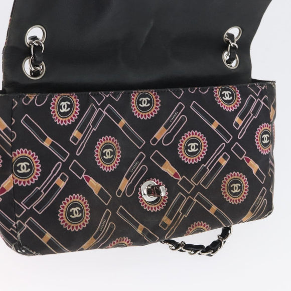 CHANEL Chain Shoulder Bag Satin Black Silver CC Auth ARZ448A
