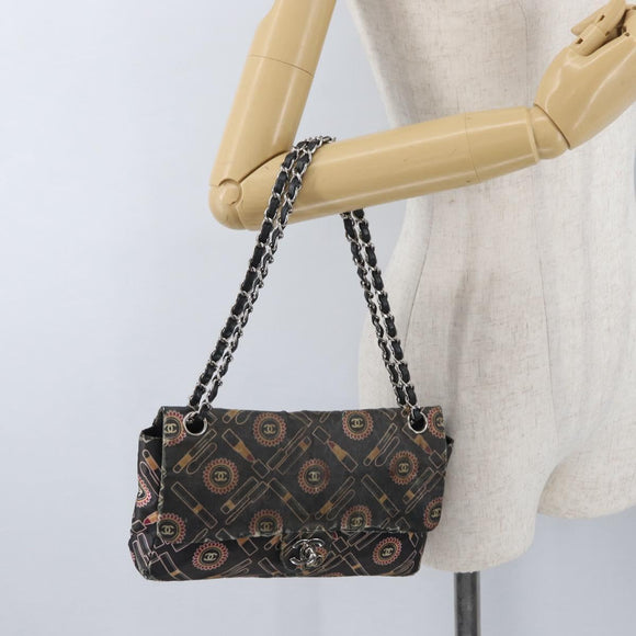 CHANEL Chain Shoulder Bag Satin Black Silver CC Auth ARZ448A
