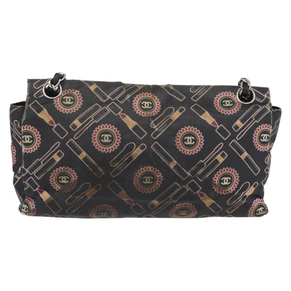CHANEL Chain Shoulder Bag Satin Black Silver CC Auth ARZ448A