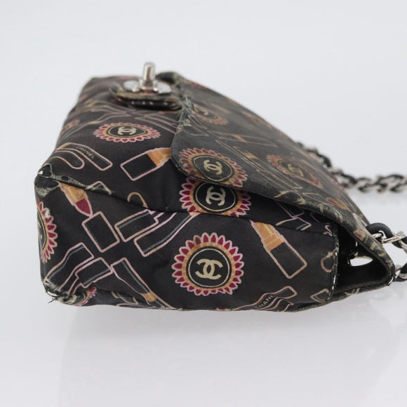 CHANEL Chain Shoulder Bag Satin Black Silver CC Auth ARZ448A