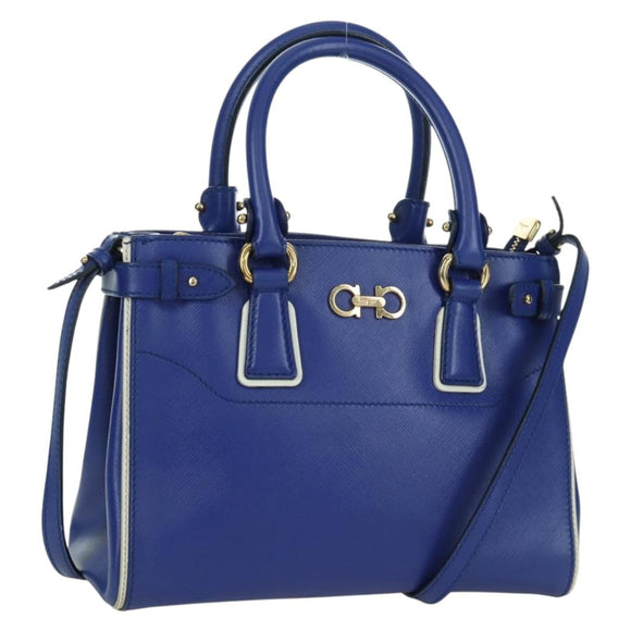 Salvatore Ferragamo Gancini Sofia Handtas Leer 2-weg Blauw Goud Auth ARZ486A