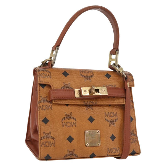 MCM Vicetos Logogram Hand Bag PVC Leather 2way Brown Gold Auth ARZ491