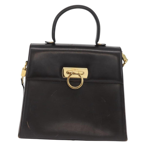 Salvatore Ferragamo Gancini Hand Bag Leather 2way Brown Gold Auth ARZ526
