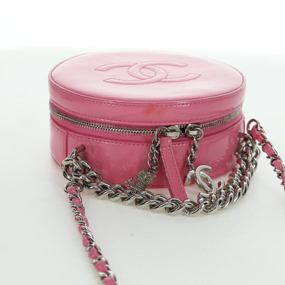 CHANEL Chain Shoulder Bag Patent leather Pink Silver CC Auth ARZ544SAM