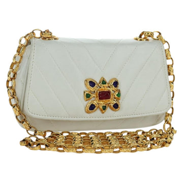 CHANEL Griboa V Stitch Chain Shoulder Bag Leather White Gold CC Auth ARZ551SAV