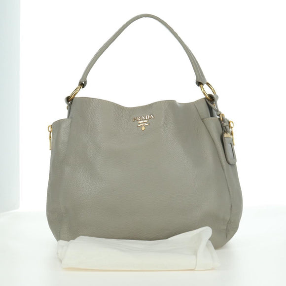 PRADA Shoulder Bag Leather Gray Gold Auth ARZ570V