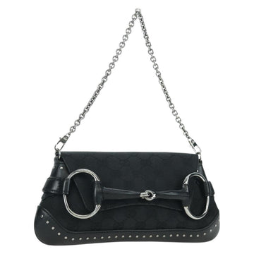 GUCCI Horsebit Chain GG Canvas Shoulder Bag Black Silver 119186 Auth ARZ578SAV