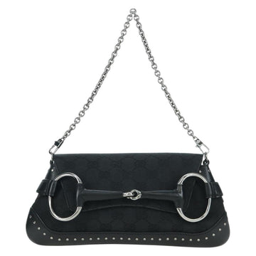 GUCCI Horsebit Chain GG Canvas Shoulder Bag Black Silver 119186 Auth ARZ578SAV - 0