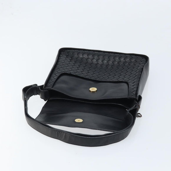 BOTTEGA VENETA INTRECCIATO Shoulder Bag Leather Black Gold Auth ARZ592