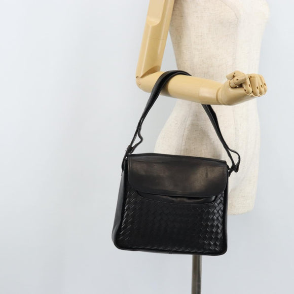 BOTTEGA VENETA INTRECCIATO Shoulder Bag Leather Black Gold Auth ARZ592
