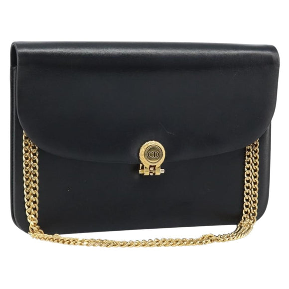 Christian Dior Chain Shoulder Bag Leather Black Gold Auth ARZ665A