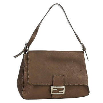 FENDI Mamma Baguette Selleria Shoulder Bag Leather Brown Silver Auth ARZ697SAV