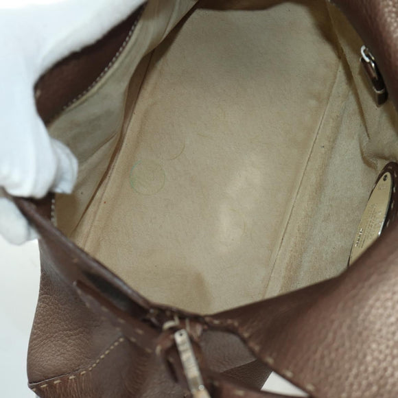 FENDI Mamma Baguette Selleria Shoulder Bag Leather Brown Silver Auth ARZ697SAV