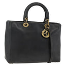Christian Dior Lady Dior Tote Bag Leather 2way Black Gold Auth ARZ701-1