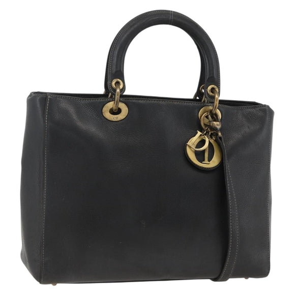 Christian Dior Lady Dior Tote Bag Leather 2way Black Gold Auth ARZ701