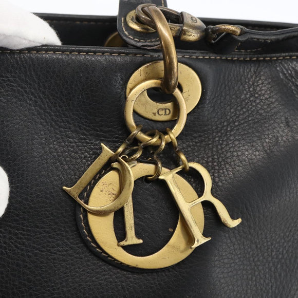 Christian Dior Lady Dior Tote Bag Leather 2way Black Gold Auth ARZ701