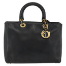 Christian Dior Lady Dior Tote Bag Leather 2way Black Gold Auth ARZ701-13