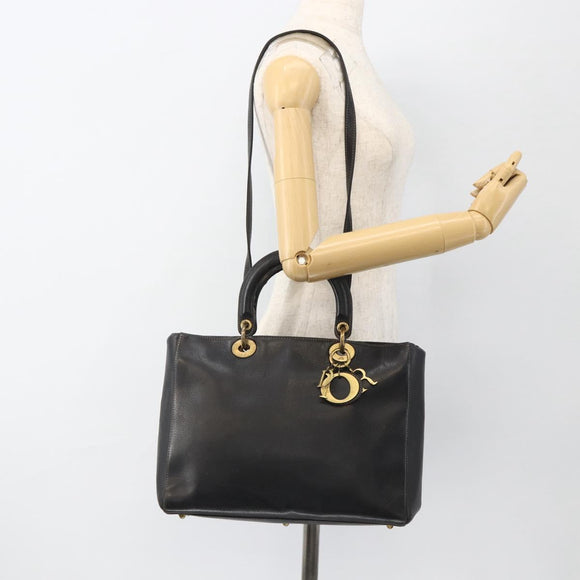 Christian Dior Lady Dior Tote Bag Leather 2way Black Gold Auth ARZ701