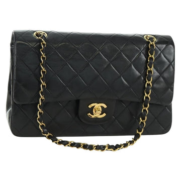 CHANEL Matelasse 25 Double Flap Chain Bag Lamb Skin Gold Black CC Auth ARZ720SAV