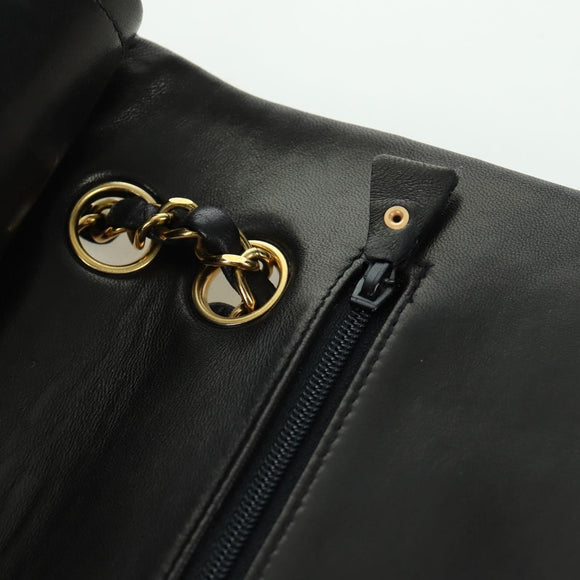 CHANEL Matelasse 25 Double Flap Chain Bag Lamb Skin Gold Black CC Auth ARZ720SAV