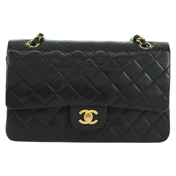 CHANEL Matelasse 25 Double Flap Chain Bag Lamb Skin Gold Black CC Auth ARZ720SAV - 0