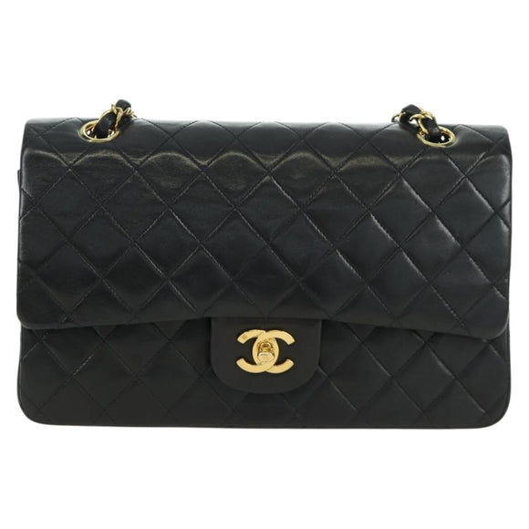 CHANEL Matelasse 25 Double Flap Chain Bag Lamb Skin Gold Black CC Auth ARZ720SAV