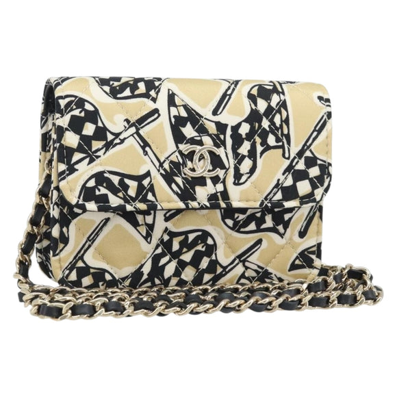 CHANEL Chain Shoulder Pouch Mini Matelasse 12 Satin Beige Gold CC Auth ARZ751SAM