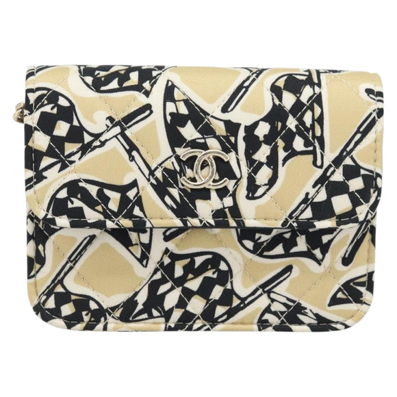 CHANEL Chain Shoulder Pouch Mini Matelasse 12 Satin Beige Gold CC Auth ARZ751SAM