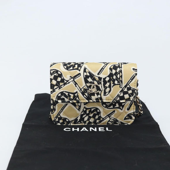 CHANEL Chain Shoulder Pouch Mini Matelasse 12 Satin Beige Gold CC Auth ARZ751SAM