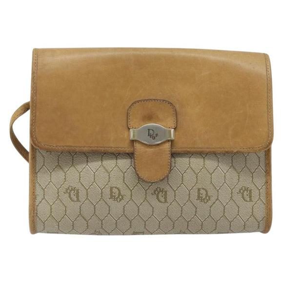 Christian Dior Honeycomb Canvas Shoulder Bag PVC Beige Gold Auth ARZ767