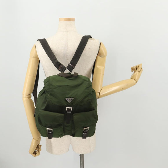 PRADA Backpack Nylon Khaki Silver Auth ARZ774
