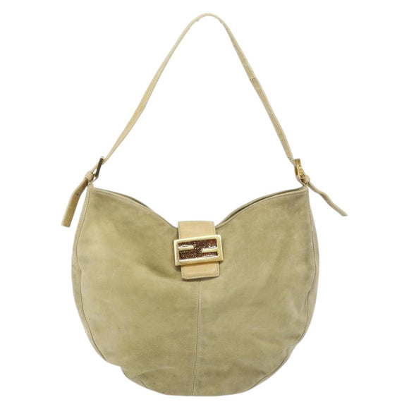 FENDI Mamma Baguette Schoudertas Suède Beige Goud Auth ARZ775