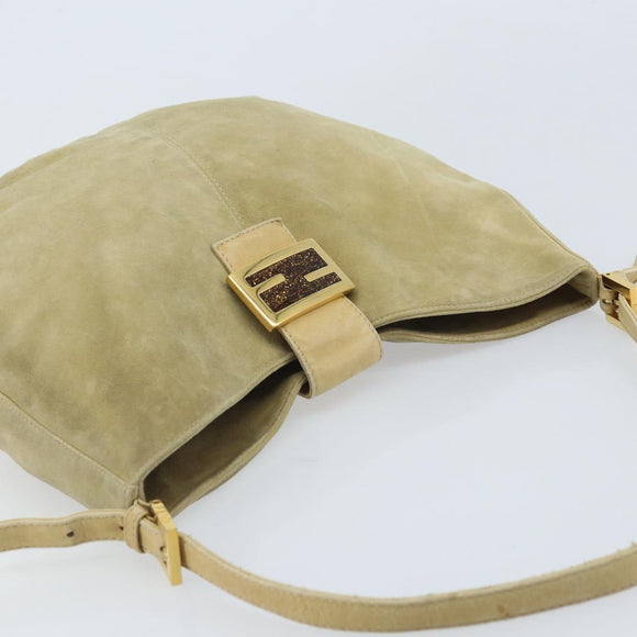 FENDI Mamma Baguette Schoudertas Suède Beige Goud Auth ARZ775