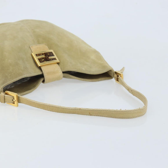 FENDI Mamma Baguette Schoudertas Suède Beige Goud Auth ARZ775