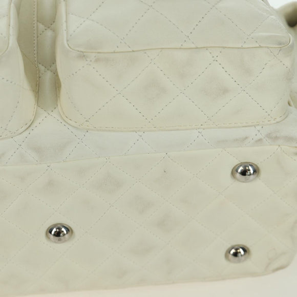 CHANEL Cambon Line Matelasse Hand Bag Leather White Silver CC Auth ARZ785SAM