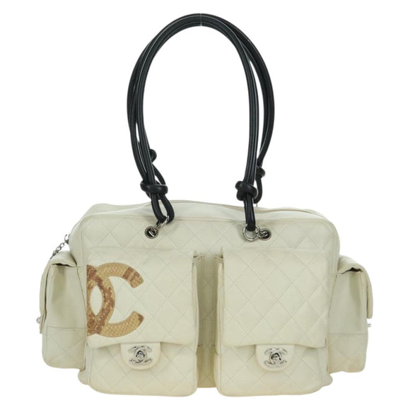 CHANEL Cambon Line Matelasse Hand Bag Leather White Silver CC Auth ARZ785SAM