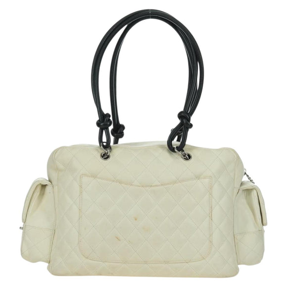 CHANEL Cambon Line Matelasse Hand Bag Leather White Silver CC Auth ARZ785SAM