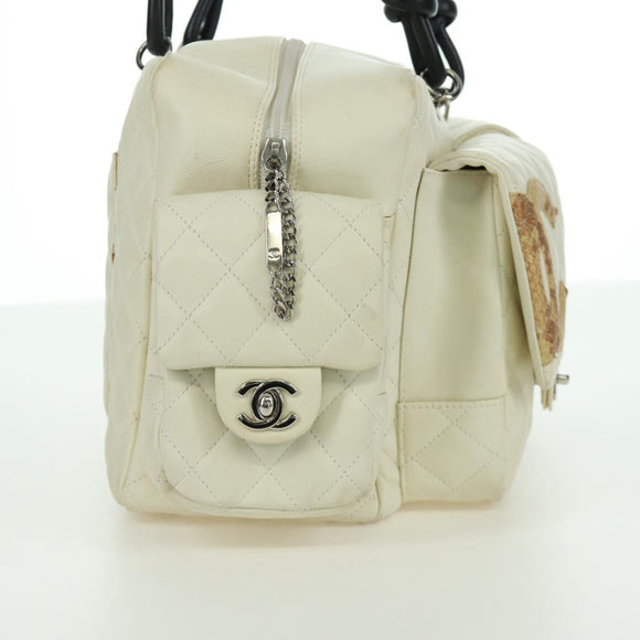 CHANEL Cambon Line Matelasse Hand Bag Leather White Silver CC Auth ARZ785SAM