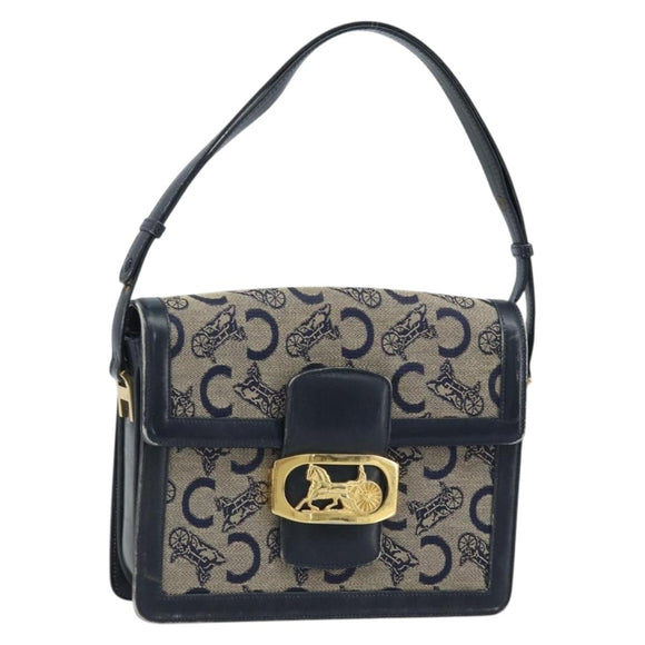 CELINE C Sulky Horse Carriage Shoulder Bag Canvas Navy Gold Auth ARZ786