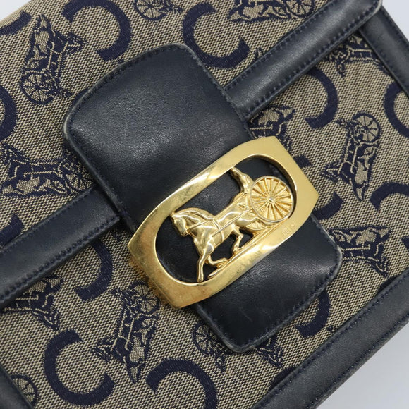 CELINE C Sulky Horse Carriage Shoulder Bag Canvas Navy Gold Auth ARZ786