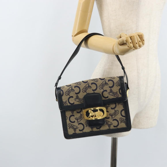 CELINE C Sulky Horse Carriage Shoulder Bag Canvas Navy Gold Auth ARZ786