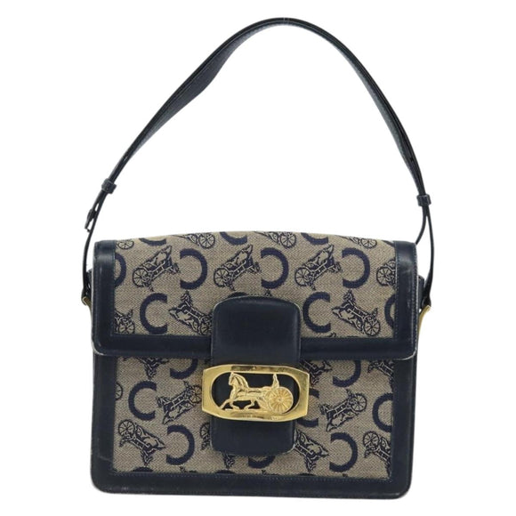 CELINE C Sulky Horse Carriage Shoulder Bag Canvas Navy Gold Auth ARZ786