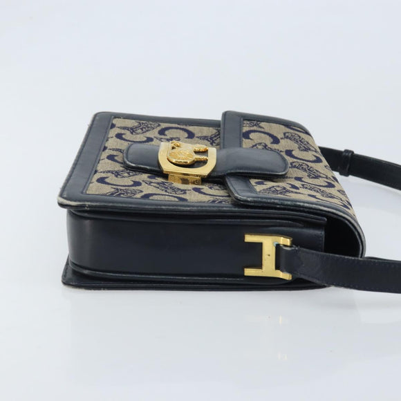 CELINE C Sulky Horse Carriage Shoulder Bag Canvas Navy Gold Auth ARZ786