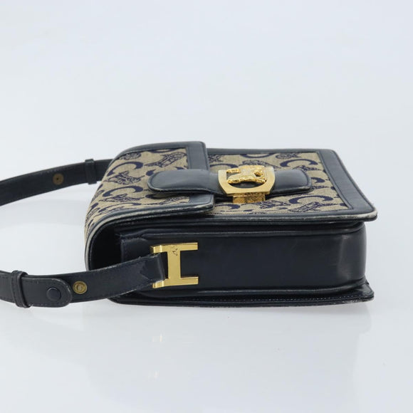 CELINE C Sulky Horse Carriage Shoulder Bag Canvas Navy Gold Auth ARZ786