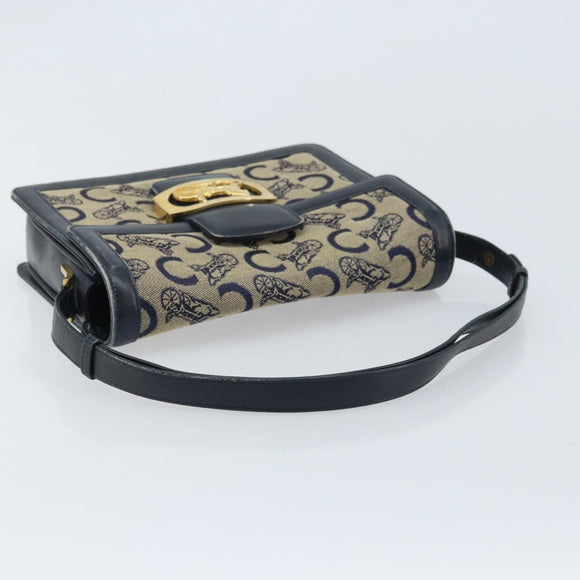 CELINE C Sulky Horse Carriage Shoulder Bag Canvas Navy Gold Auth ARZ786