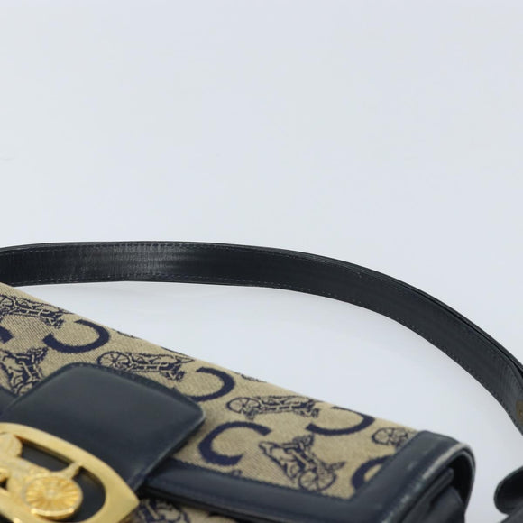 CELINE C Sulky Horse Carriage Shoulder Bag Canvas Navy Gold Auth ARZ786