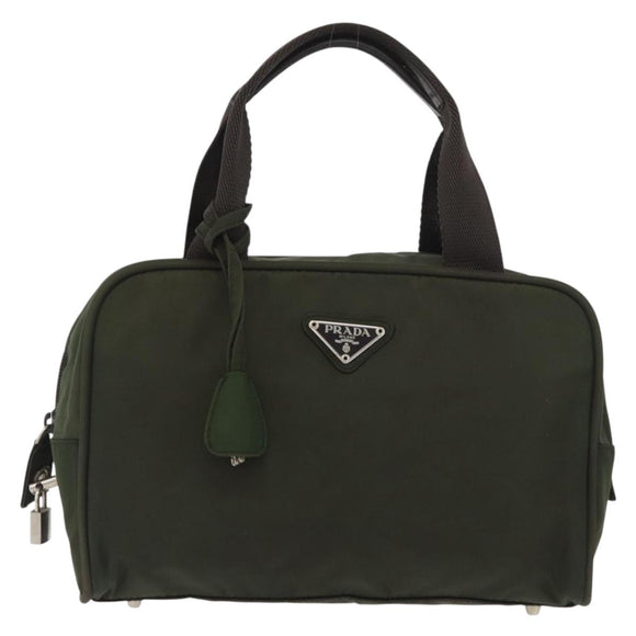 PRADA Hand Bag Nylon Khaki Silver Auth ARZ822