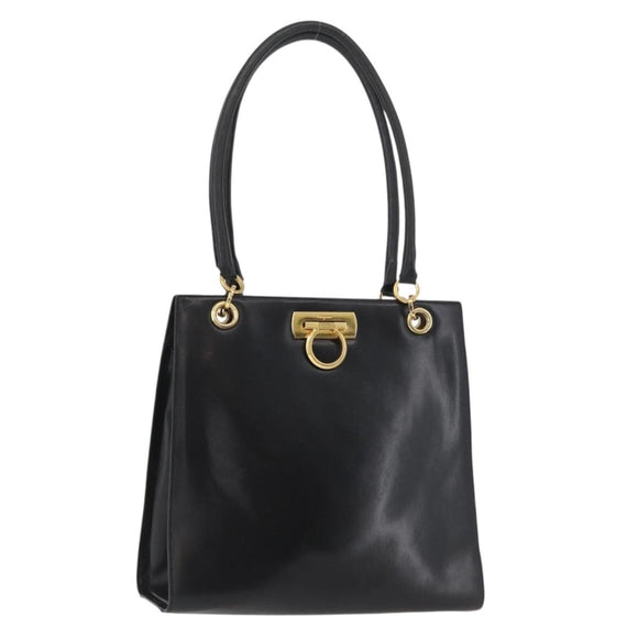 Salvatore Ferragamo Gancini Shoulder Bag Leather Black Gold Auth ARZ826