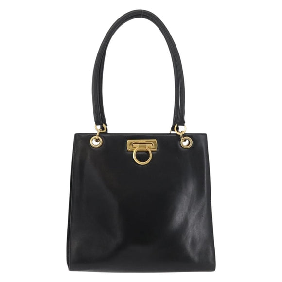 Salvatore Ferragamo Gancini Shoulder Bag Leather Black Gold Auth ARZ826